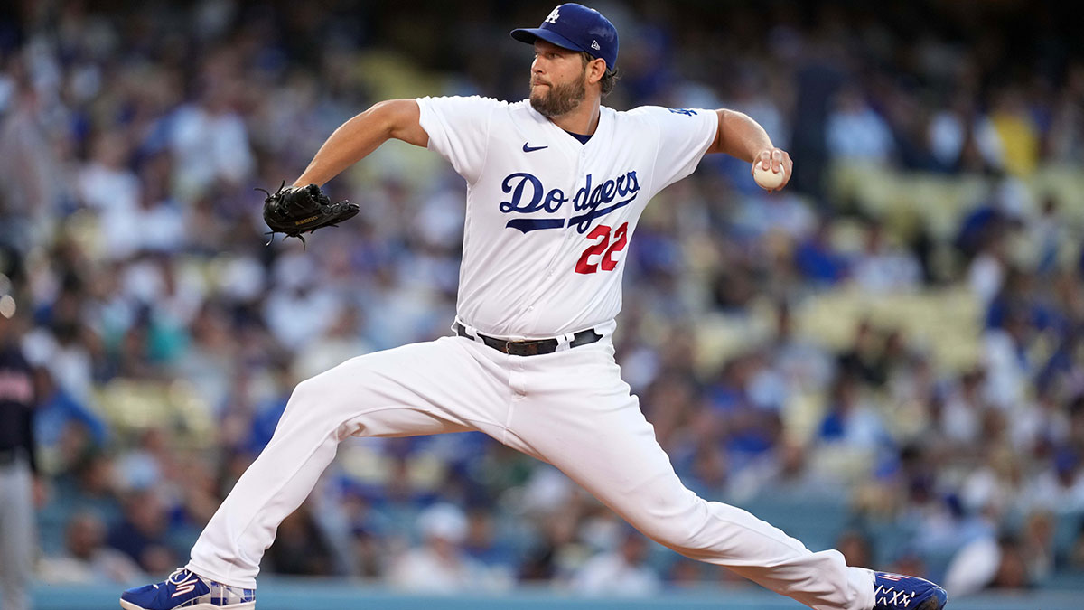 (Editors Notes: Caption Correction) Los Angeles Dodgers starting pitcher Clayton Kershaw (22) delivers a pitch in the second inning against the Cleveland Guardians at Dodger Stadium.