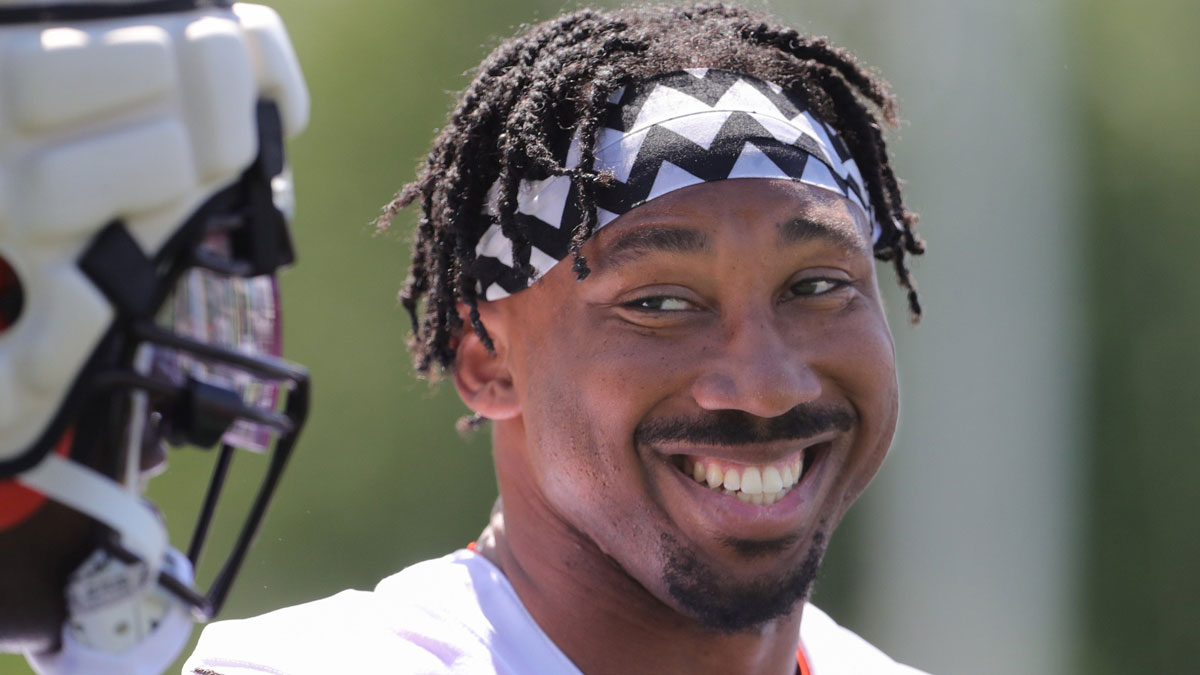 Cleveland Browns defensive end Myles Garrett flashes a smile during training camp.