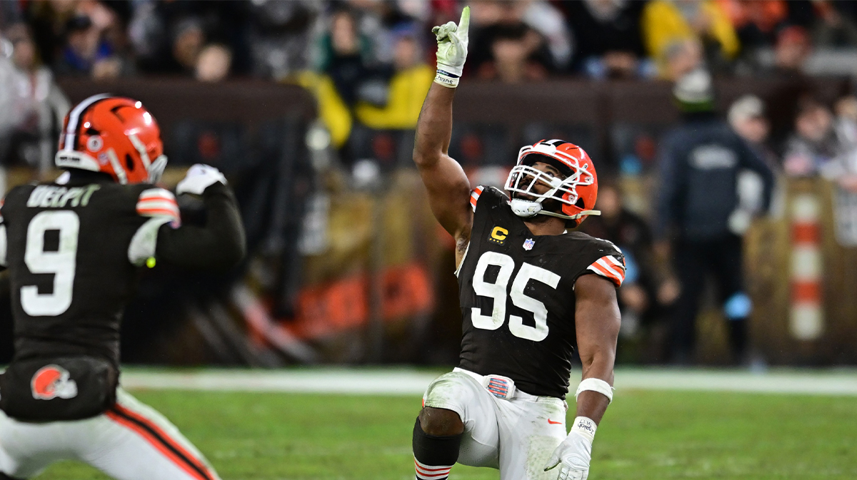 Cleveland Browns defensive end Myles Garrett (95) celebrates after a sack during the second half against the Miami Dolphins at Huntington Bank Field.