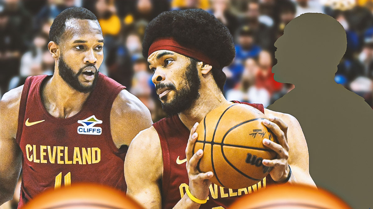 Cavs Evan Mobley and Jarrett Allen next to a silhouette of a baketball player with a question mark in the silhouette
