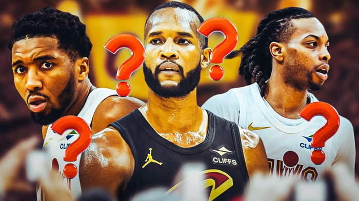 Donovan Mitchell, Evan Mobley, and Darius Garland with Rocket Mortgage FieldHouse behind them surrounded by question marks.