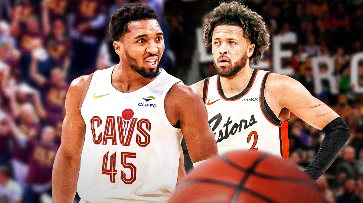 Donovan Mitchell standing next to Cade Cunningham featuring a Cavs-Pistons-themed BG.