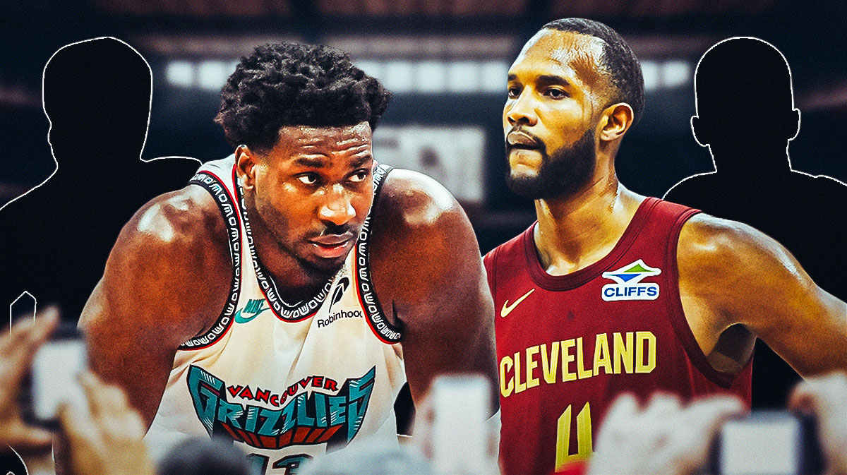 Two silhouetted Cavs players with Evan Mobley and Jaren Jackson Jr. in between them featuring a Cavs-Grizzlies-themed BG.