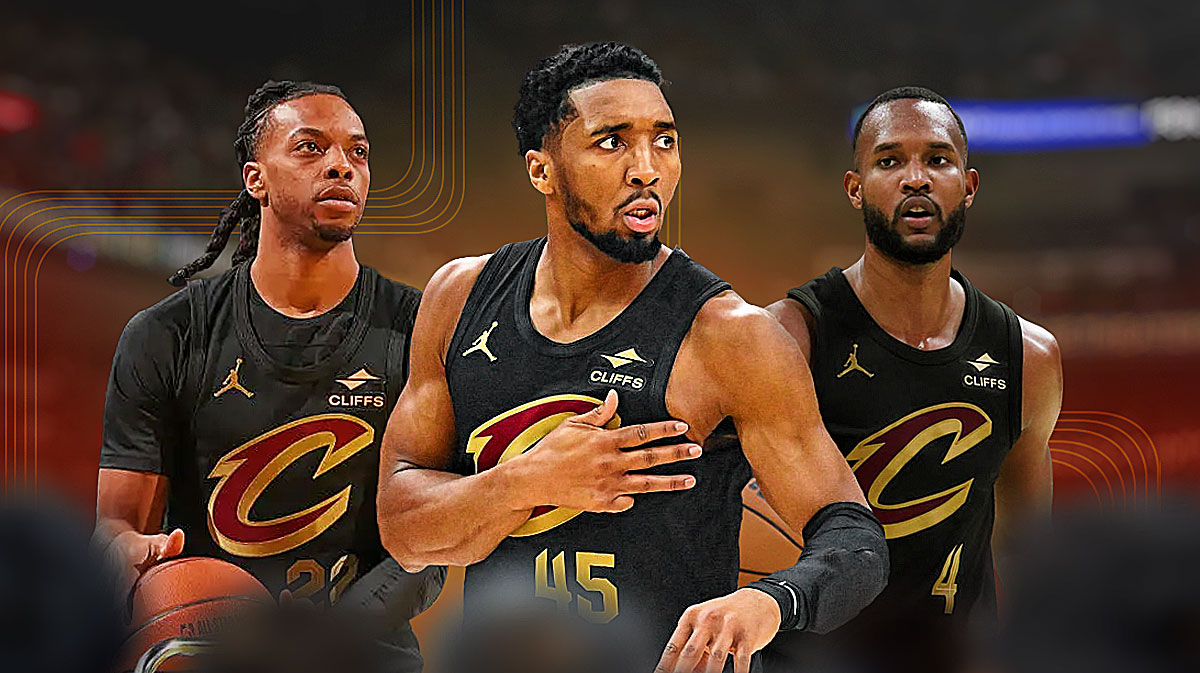 Darius Garland, Donovan Mitchell, Evan Mobley featuring a wavy Cavs NBA All-Star themed bg.