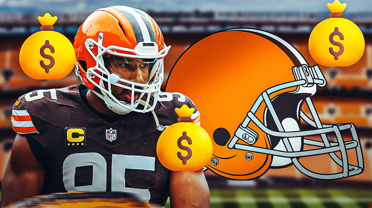 Browns' Myles Garrett with Browns logo and money bag emojis behind him
