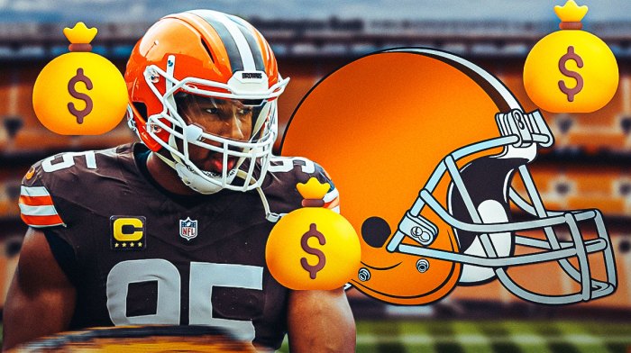 Browns' Myles Garrett with Browns logo and money bag emojis behind him