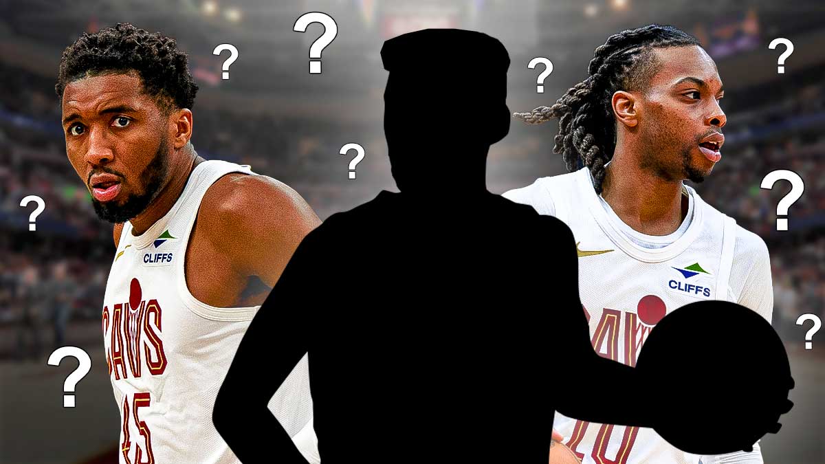 Donovan Mitchell and Darius Garland with a silhouetted Cavs player in between them surrounded by question marks.