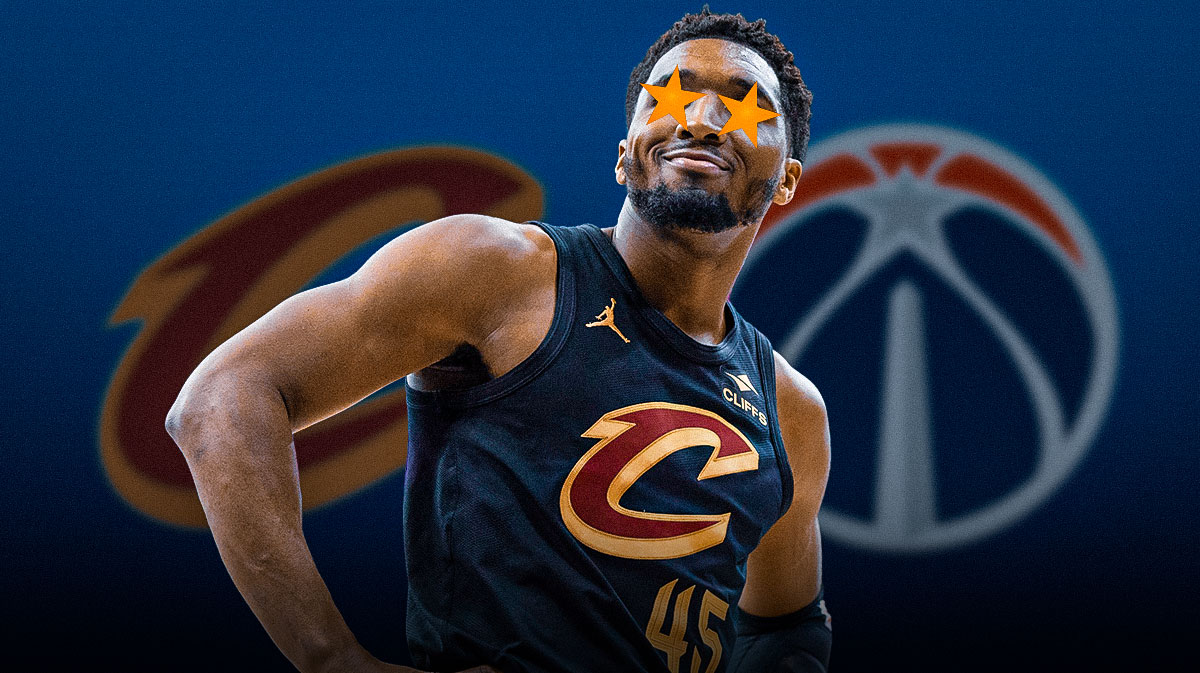 Donovan Mitchell (with stars in his eyes) featuring a Cavs-Wizards themed BG.