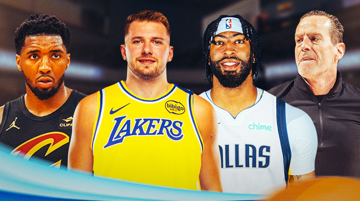Donovan Mitchell standing next to Anthony Davis (in a Mavericks jersey) and Luka Doncic (in a Lakers jersey) featuring Kenny Atkinson in the background.