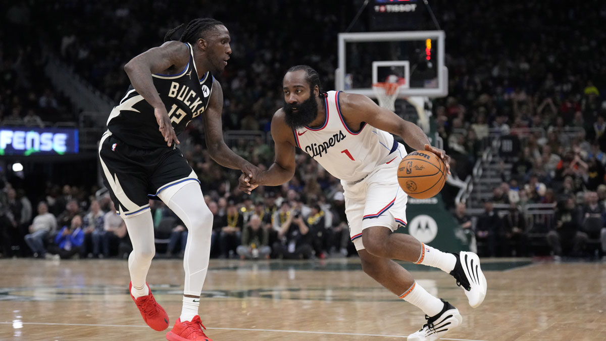 Clippers guard James Harden (1) drives to the basket against Milwaukee Bucks forward Taurean Prince (12) in the first half at Fiserv Forum