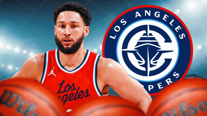 Ben Simmons in a Clippers uniform with the Clippers logo next to him