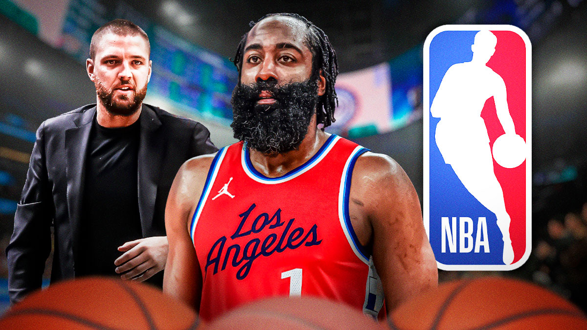 Clippers guard James Harden next to Chandler Parsons (in street clothes) with the NBA logos in the background