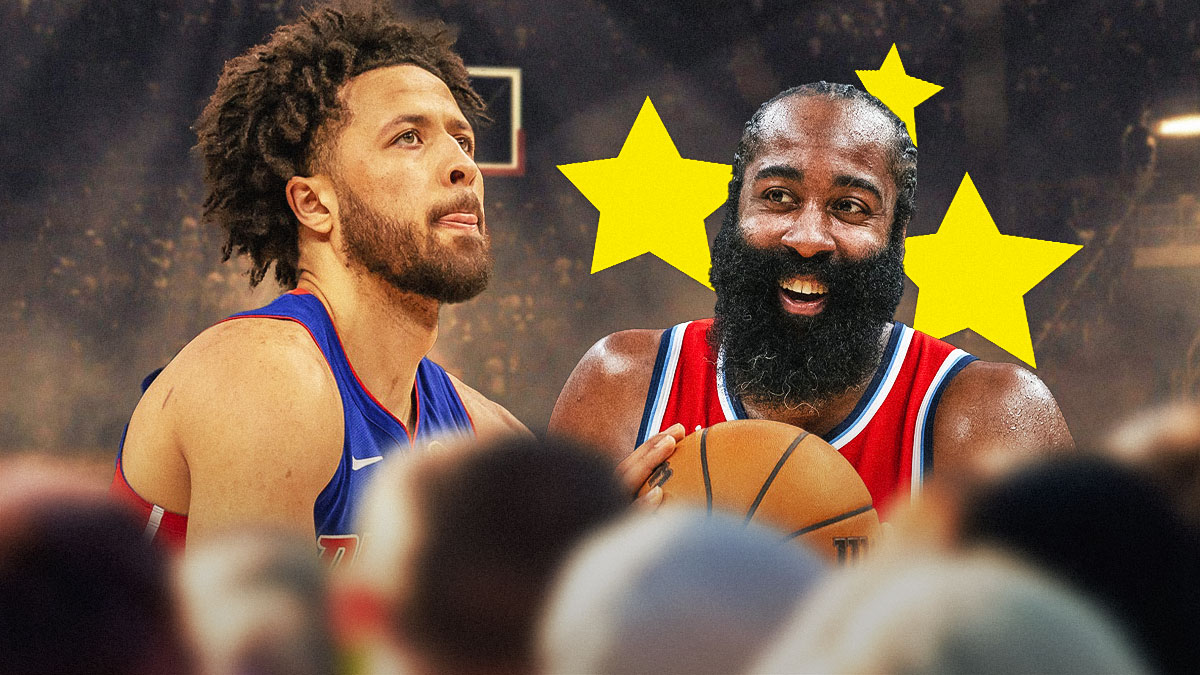 Clippers' James Harden with stars beside him while smiling at Pistons' Cade Cunningham