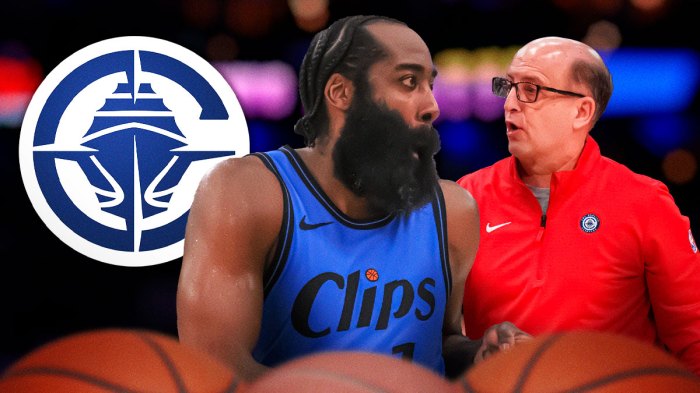 James Harden, Jeff Van Gundy, LA Clippers logo, handshake symbols