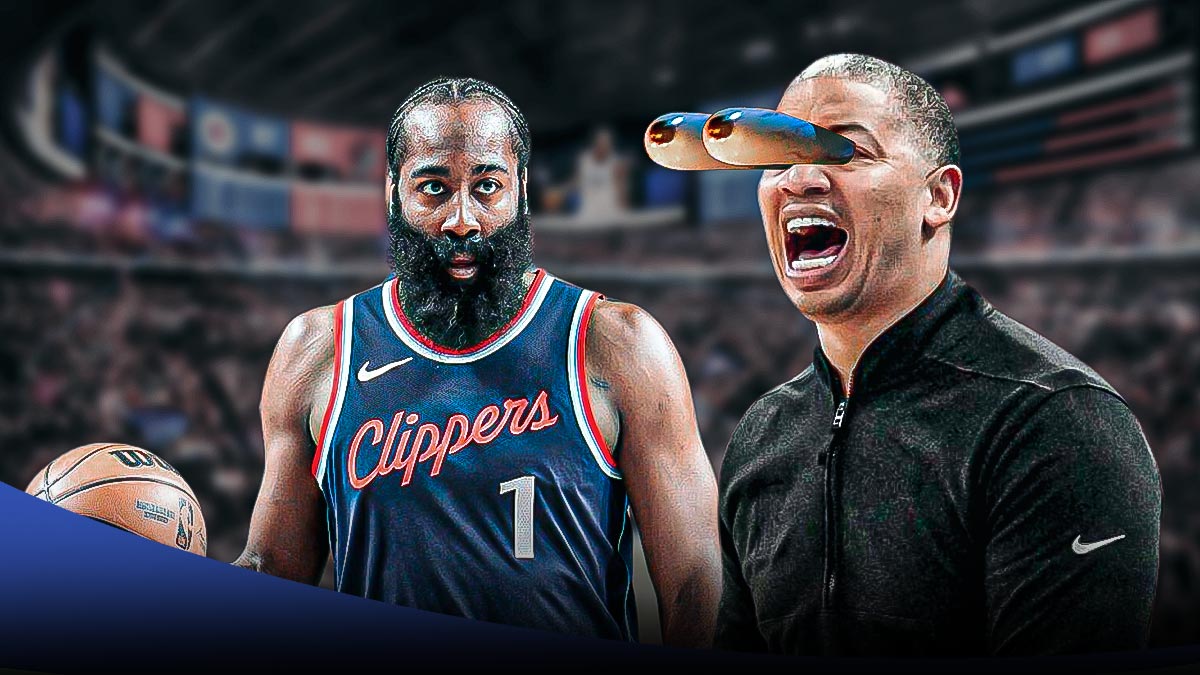 Clippers' James Harden, HC Tyronn Lue, Delta Center in back
