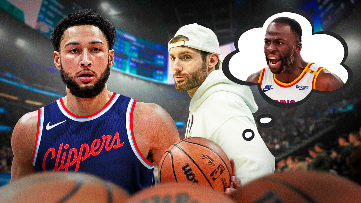 NBA trainer Drew Hanlen with a thought bubble of Draymond Green, and Ben Simmons in a Clippers jersey next to him.