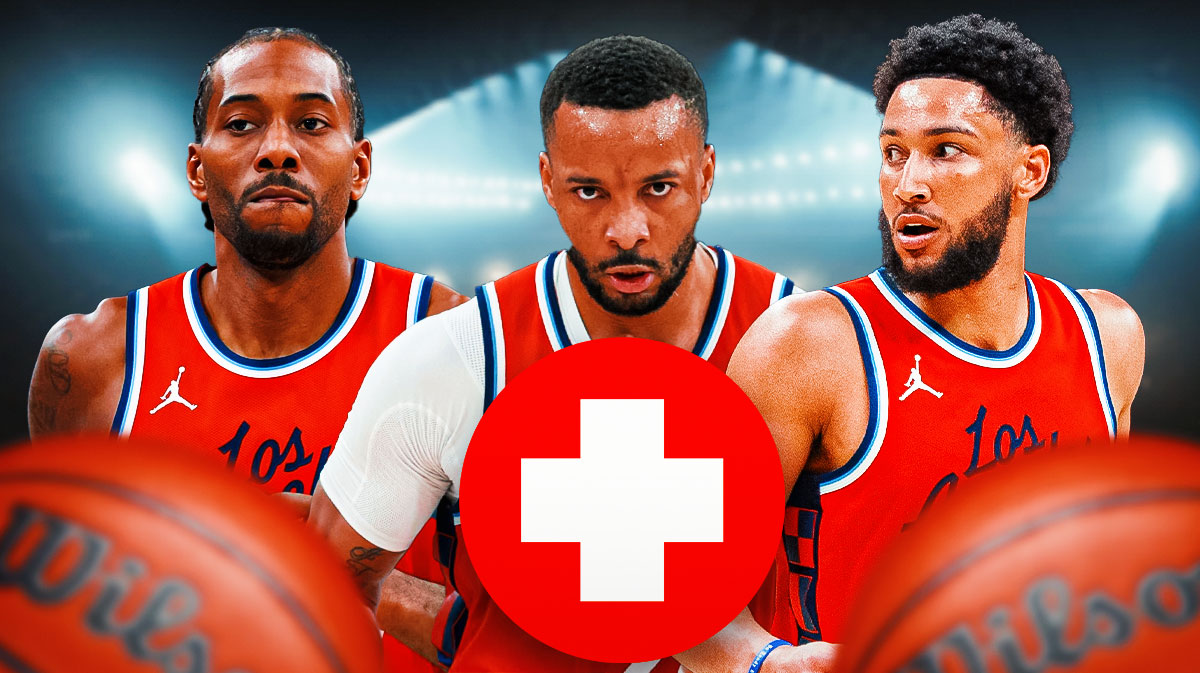 Kawhi Leonard, Norman Powell, and Ben Simmons with medical signs