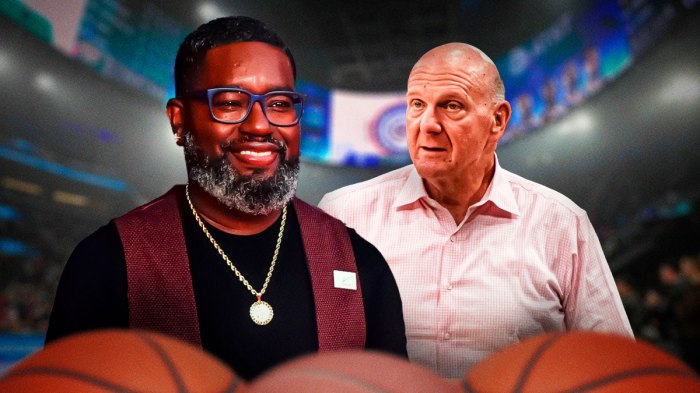 Lil Rel Howery and Los Angeles Clippers owner Steve Ballmer in front of the Intuit Dome.