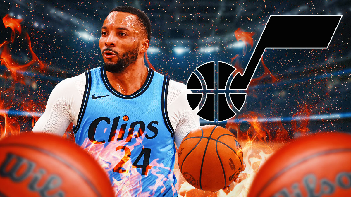 Norman Powell with a fire around him and a Jazz logo next to him.