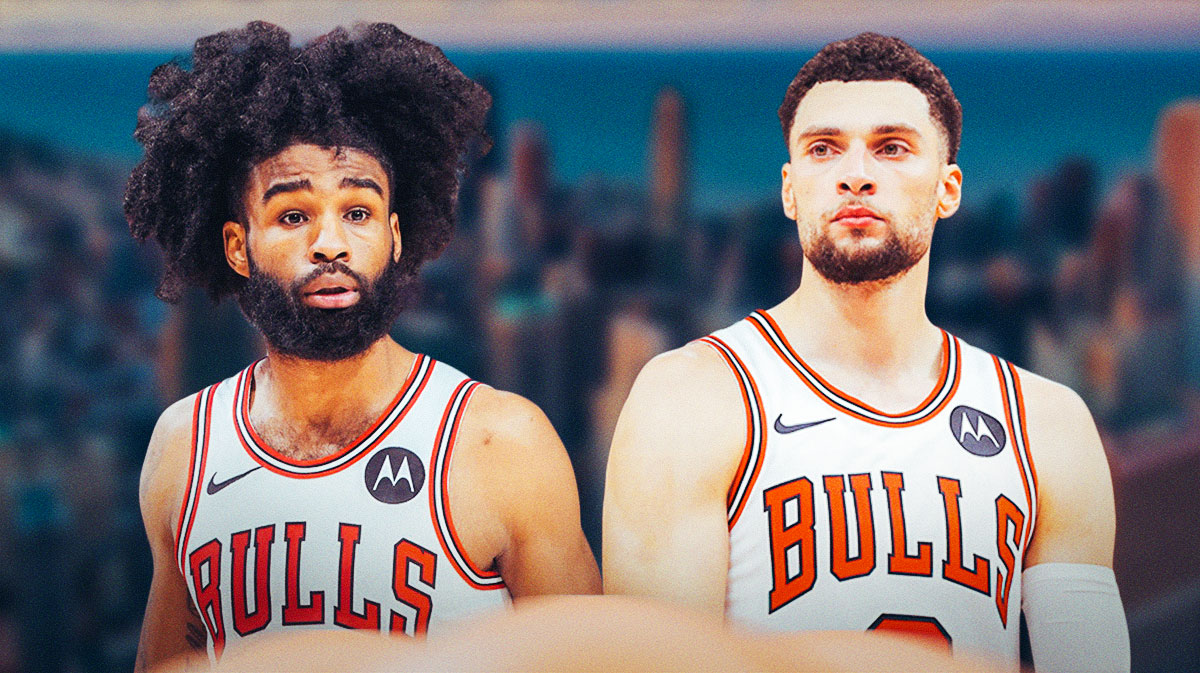 Coby White, Zach LaVine, Zach LaVine Bulls, Zach LaVine trade, Kings, Coby White and Zach LaVine both in Bulls uni, Chicago skyline in background
