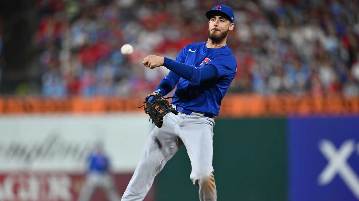 Philadelphia, Pennsylvania, USA; Chicago Cubs infielder Cody Bellinger (24) throws to first against the Philadelphia Phillies in the sixth inning at Citizens Bank Park. 