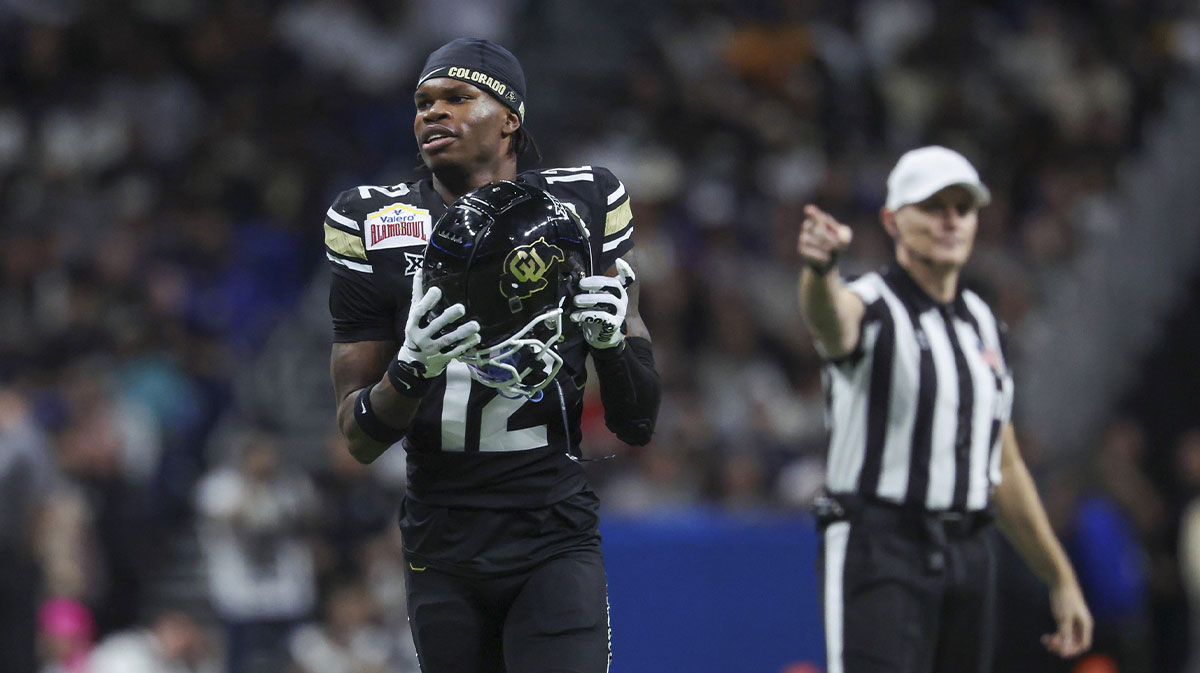 Colorado Buffaloes wide receiver Travis Hunter (12) reacts after a penalty is called during the second quarter against the Brigham Young Cougars at Alamodome.