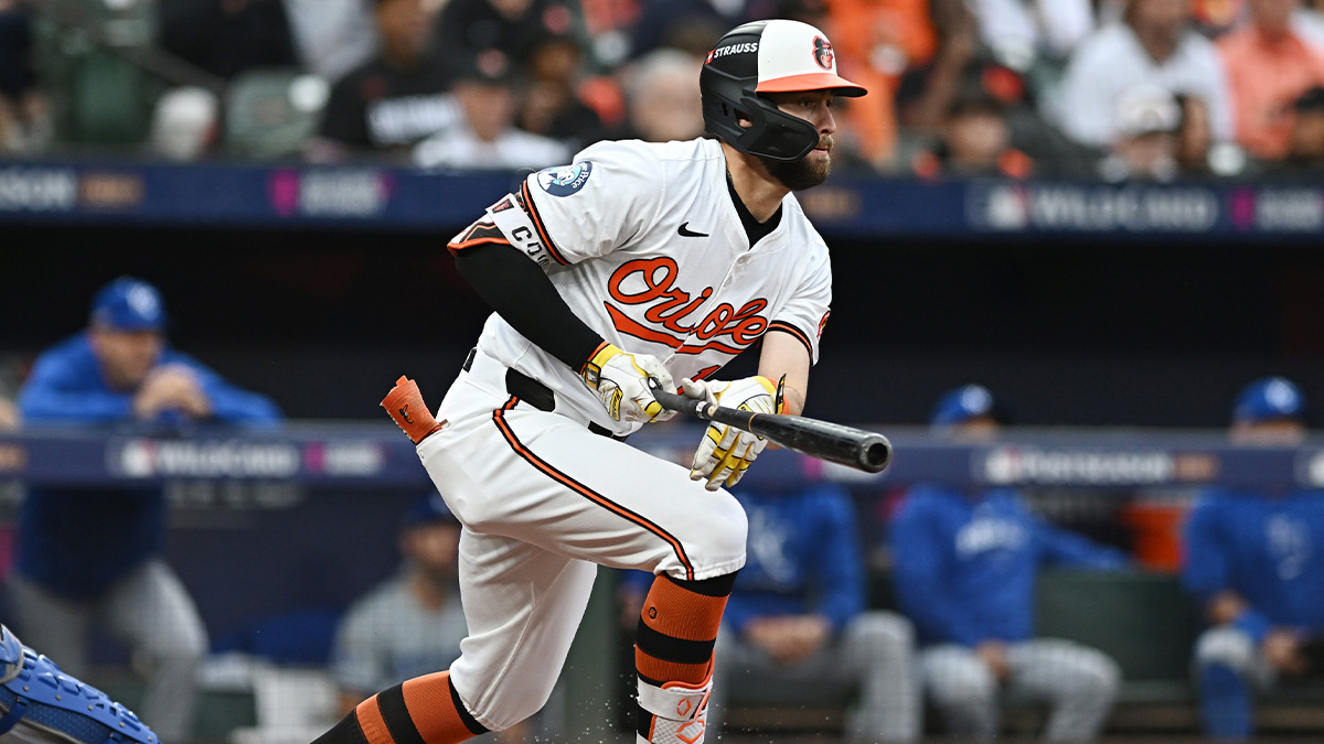 Baltimore Orioles outfielder Colton Cowser (17) hits a single in the second inning against the Kansas City Royals in game one of the Wild Card round for the 2024 MLB Playoffs at Oriole Park at Camden Yards.