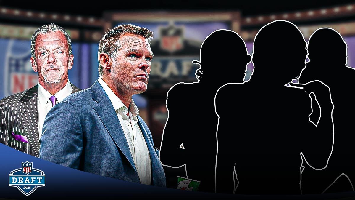 Colts owner Jim Irsay and GM Chris Ballard in front of SILHOUETTES of Penn State TE Tyler Warren, Notre Dame S Xavier Watts, and Texas TE Gunnar Helm. 2025 NFL Draft in foreground. Background is NFL Draft stage.