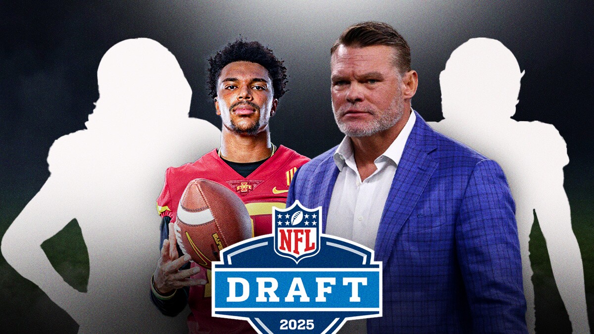Colts GM Chris Ballard in front, middle. Grouped together, a SILHOUETTE of Penn State TE Tyler Warren, an actual photo of Iowa State CB Darien Porter, and a SILHOUETTE of Clemson LB Barrett Carter. 2025 NFL Draft logo in foreground. Background is NFL Draft stage.