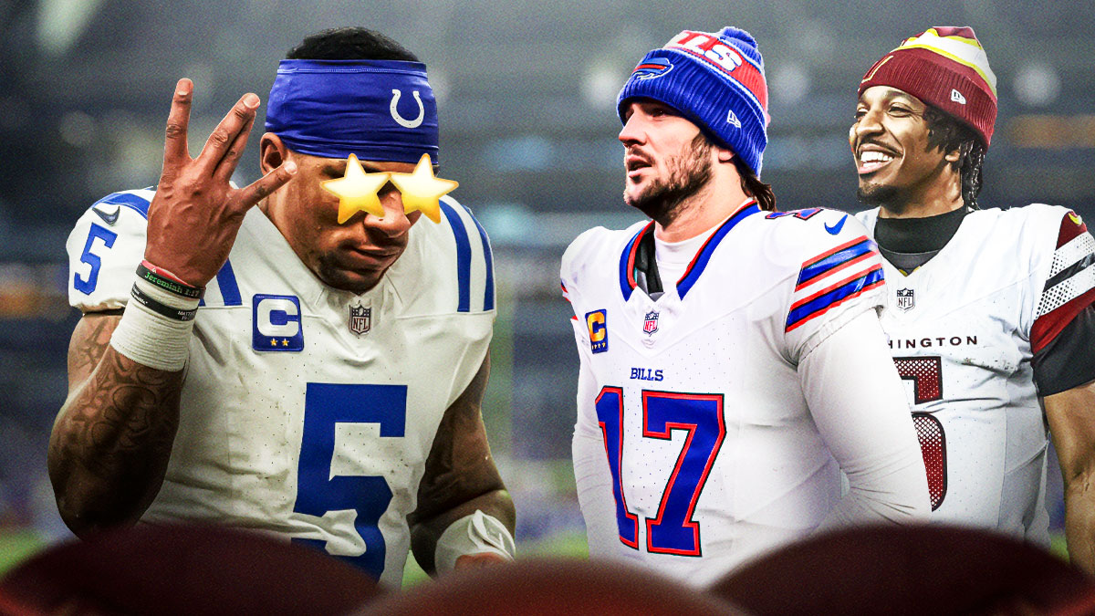 Anthony Richardson on one side with stars in his eyes, Jayden Daniels and Josh Allen on the other side