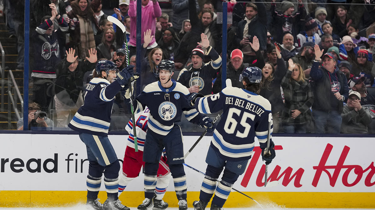 Columbus Blue Jackets left wing James van Riemsdyk (21) celebrates with teammates after scoring a goal against the New York Rangers in the second period at Nationwide Arena.