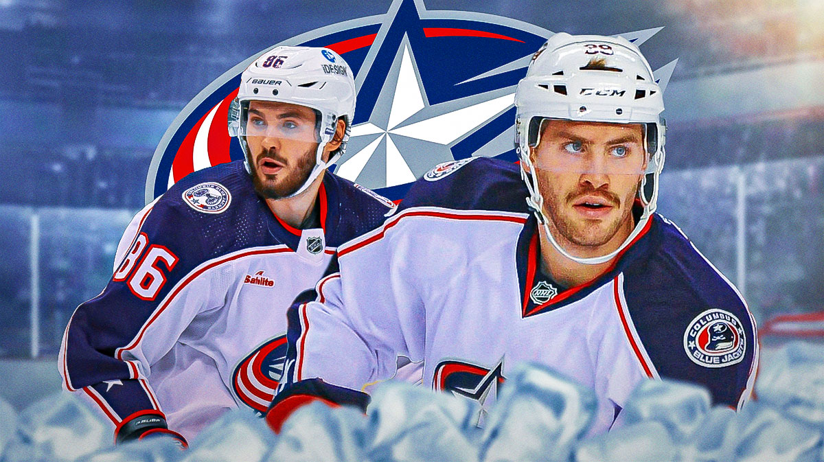 Boone Jenner and Kirill Marchenko looking hopeful, Columbus Blue Jackets logo in middle, hockey rink in background