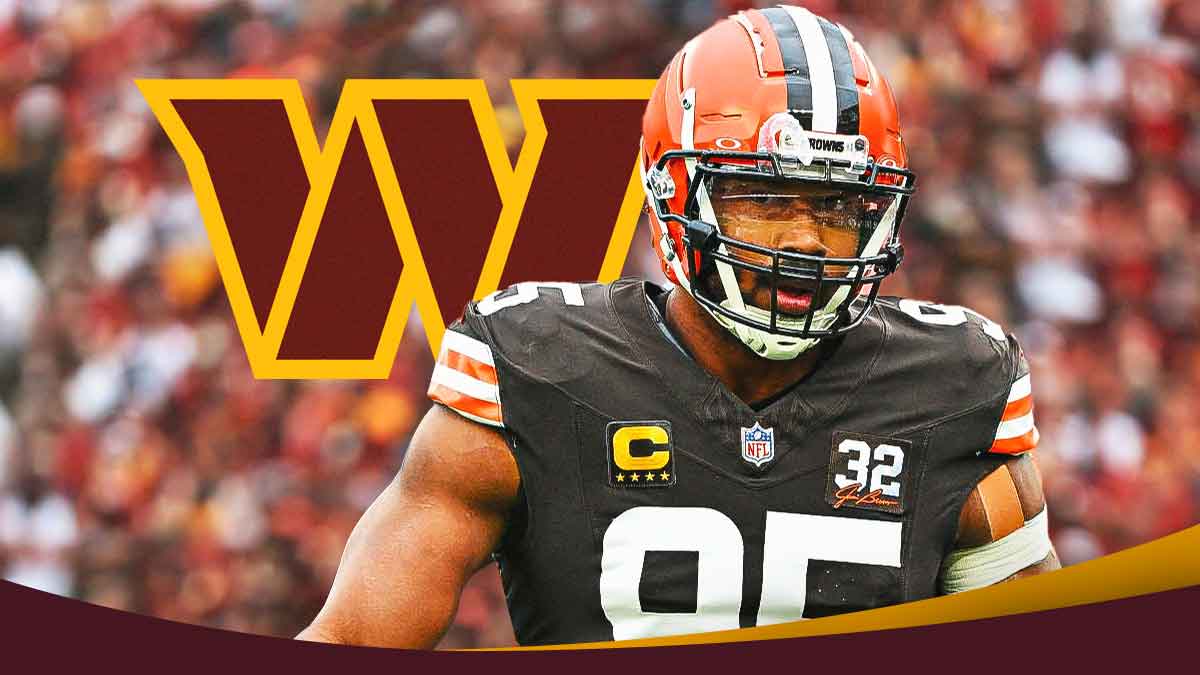 Myles Garrett in a Cleveland Browns uniform with a Washington Commanders logo and question marks.