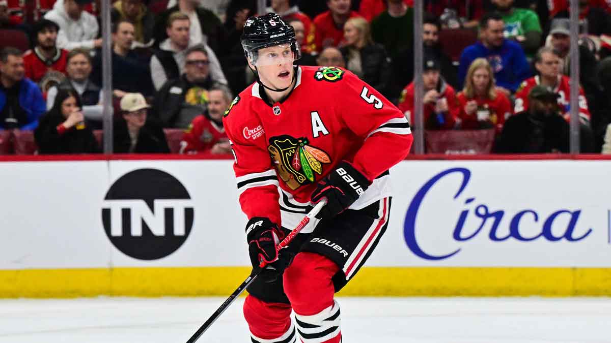 Chicago Blackhawks defenseman Connor Murphy (5) skates with the puck against the Edmonton Oilers during the second period at the United Center.