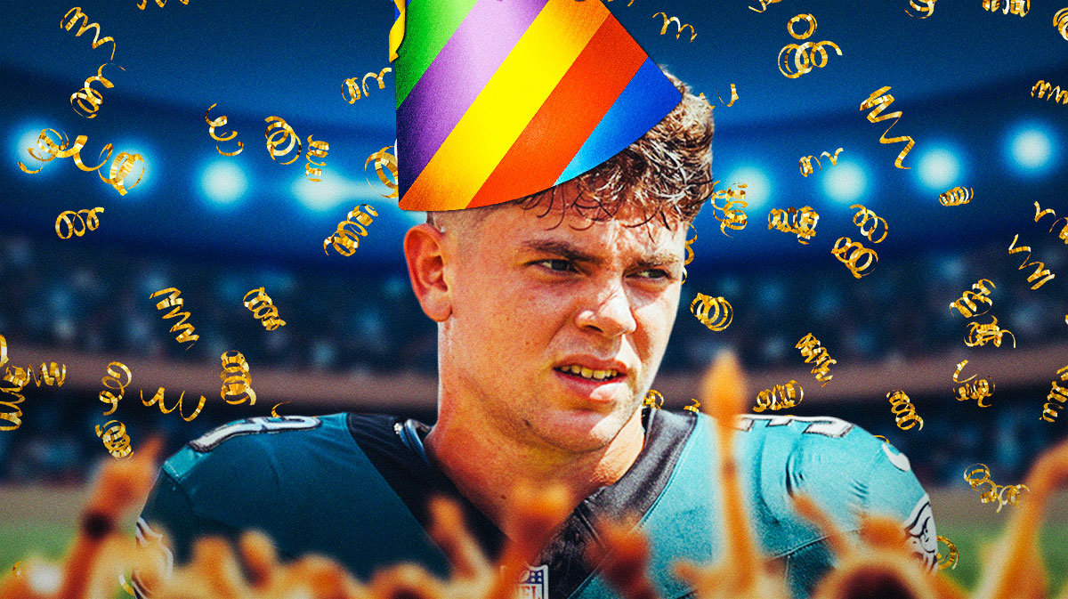 Cooper DeJean (Eagles) with a birthday hat and confetti in the background