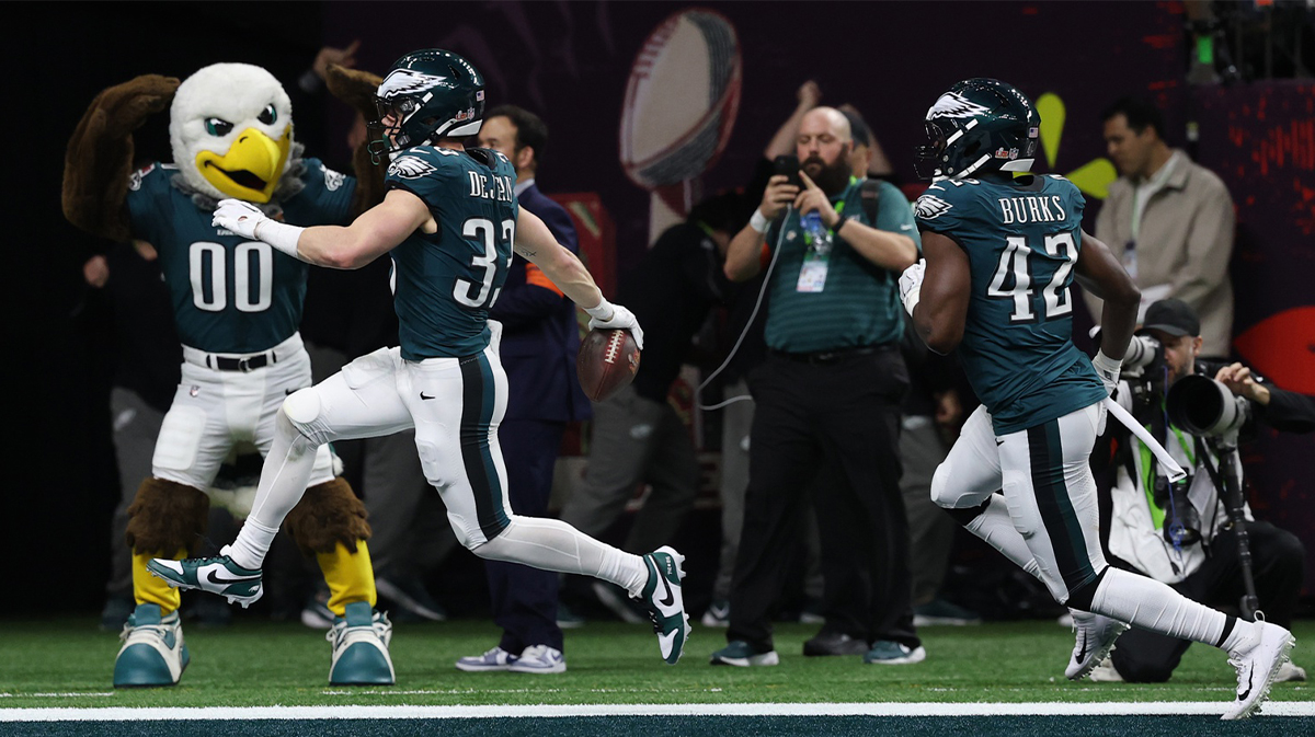 Feb 9, 2025; New Orleans, LA, USA; Philadelphia Eagles cornerback Cooper DeJean (33) celebrates after returning an interception for a touchdown against the Kansas City Chiefs during Super Bowl LIX at Caesars Superdome. 