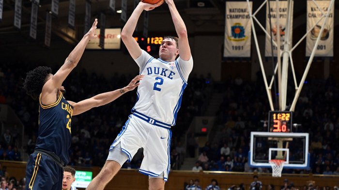 Duke Blue Devils forward Cooper Flagg (2) shoots over California Golden Bears guard Christian Tucker (22) during the second half at Cameron Indoor Stadium.