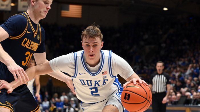 Duke Blue Devils forward Cooper Flagg (2) controls the ball in front of California Golden Bears forward Rytis Petraitis (31) during the second half at Cameron Indoor Stadium.