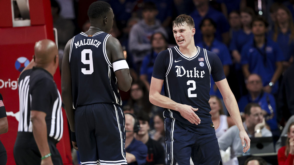 Duke Blue Devils guard Cooper Flagg (2) celebrates with Duke Blue Devils center Khaman Maluach (9) during the second half against the Southern Methodist Mustangs at Moody Coliseum.