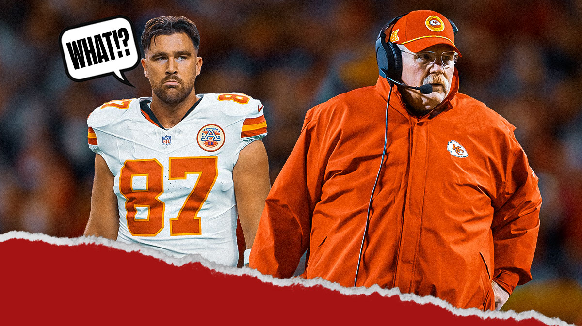Travis Kelce with a text bubble reading "What!?" next to Andy Reid in front of the Chiefs stadium.