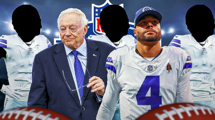Jerry Jones and Dak Prescott smiling next to three silhouettes in Cowboys uniforms and a 2025 NFL draft background.