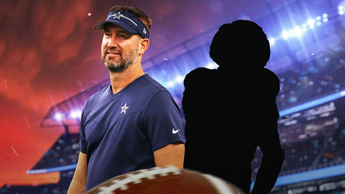 Brian Schottenheimer next to the blacked-out silhouette of Osa Odighizuwa