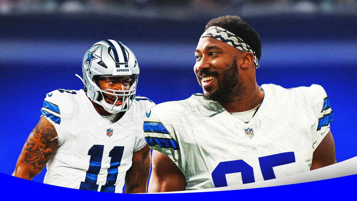 Image of Myles Garrett (in a Cowboys jersey) smiling next to an image of Cowboys Micah Parsons smiling. Shocked emoji next to them. Cowboys logo in background.