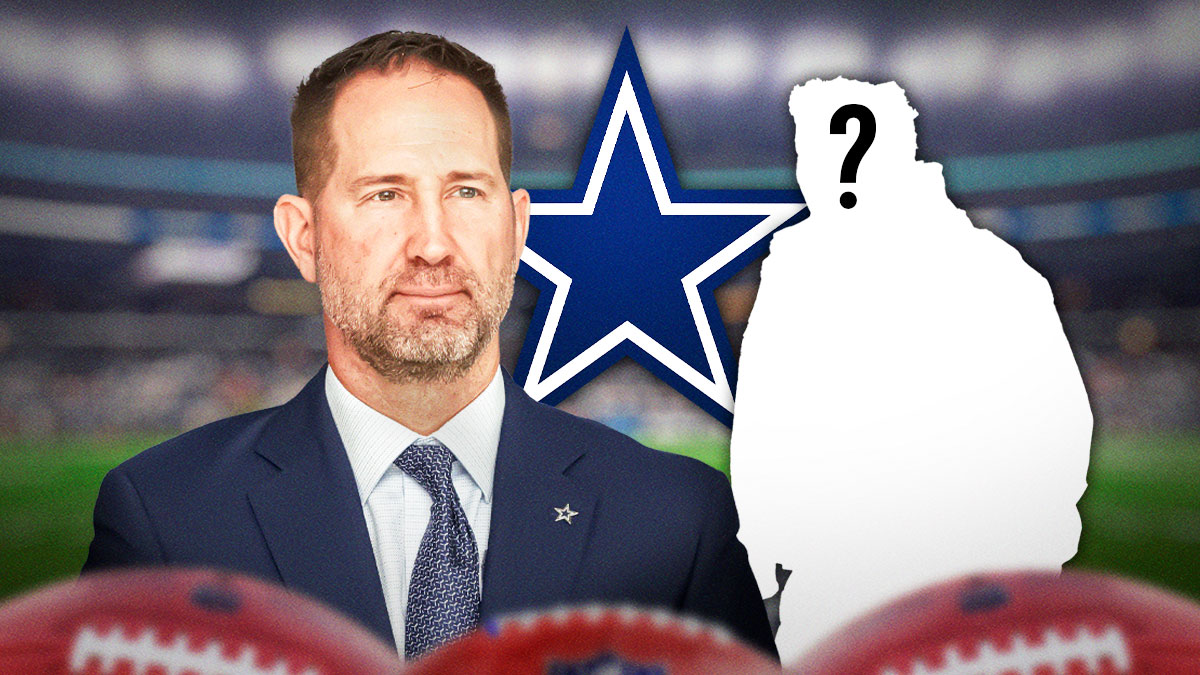 Dallas Cowboys head coach Brian Schottenheimer next to a silhouette of a football coach with a big question mark emoji inside. There is also a logo for the Dallas Cowboys.