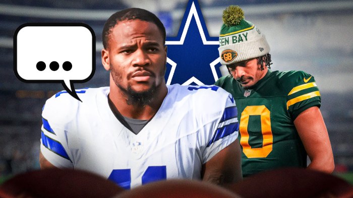Dallas Cowboys linebacker Micah Parsons with a speech bubble that has the three dots emoji inside. He is next to Green Bay Packers QB Jordan Love. There is also a logo for the Dallas Cowboys.