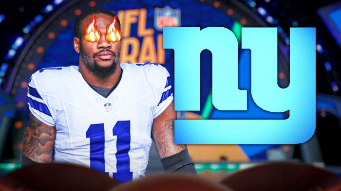 Cowboyus EDGE Micah Parsons with fire in his eyes/surrounding him with New York Giants logo next to him. NFL Draft stage in background.