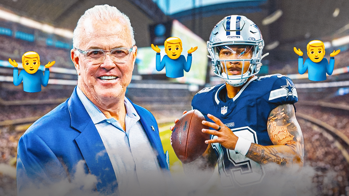 Cowboys CEO Stephen Jones and Trey Lance in a Dallas Cowboys uniform with shrugging emojis as Lance becomes a free agent this offseason and dallas turns to the draft for a quarterback.