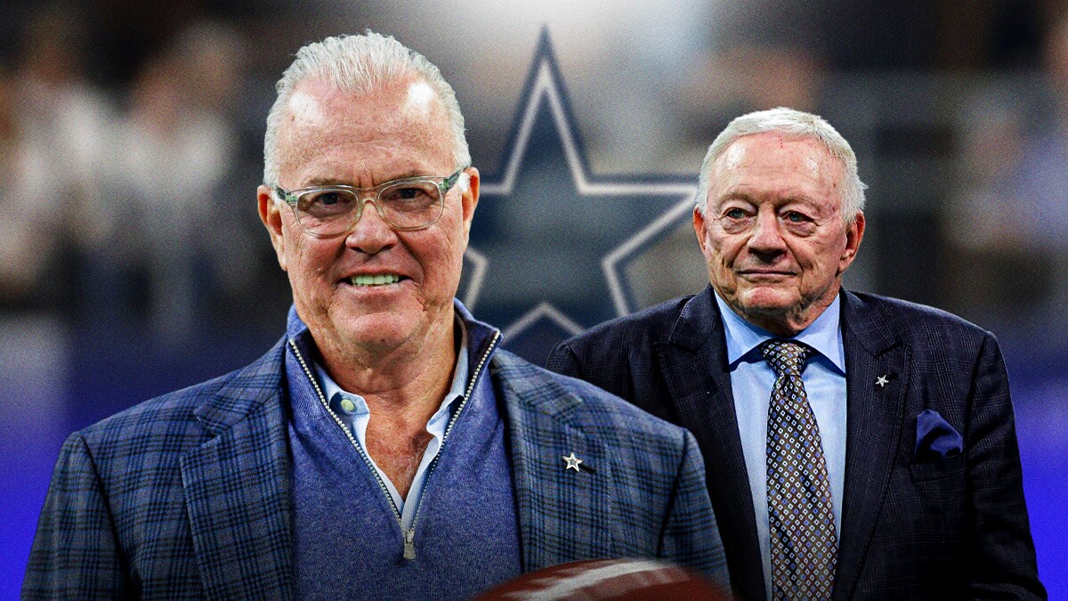 Dallas Cowboys executive vice president Stephen Jones next to Jerry Jones in front of AT&T Stadium.