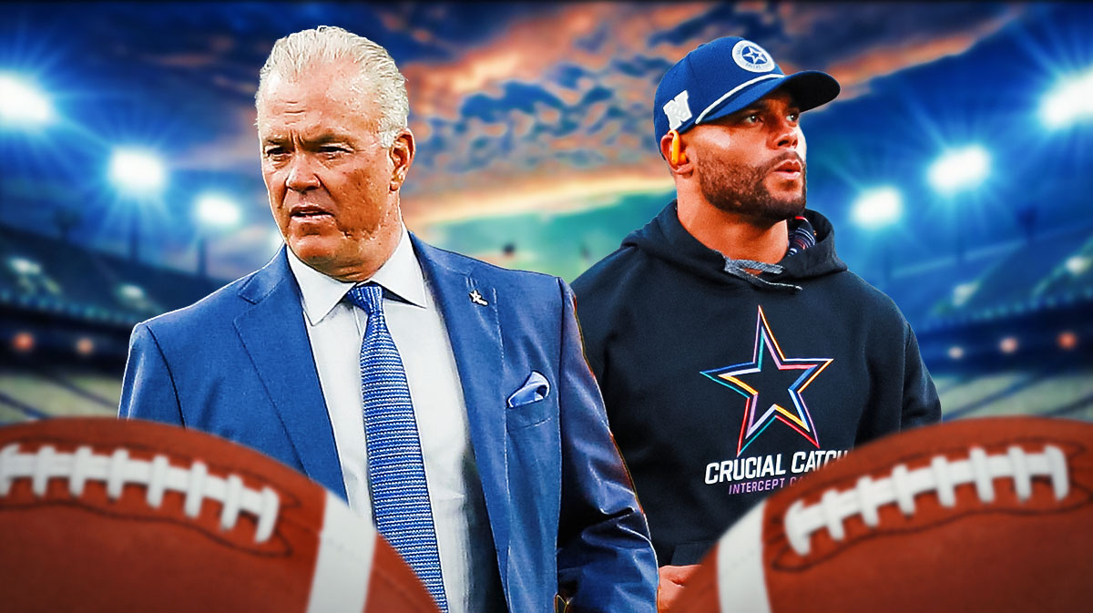 Cowboys' Stephen Jones with stoic expression and Dak Prescott with surprised face
