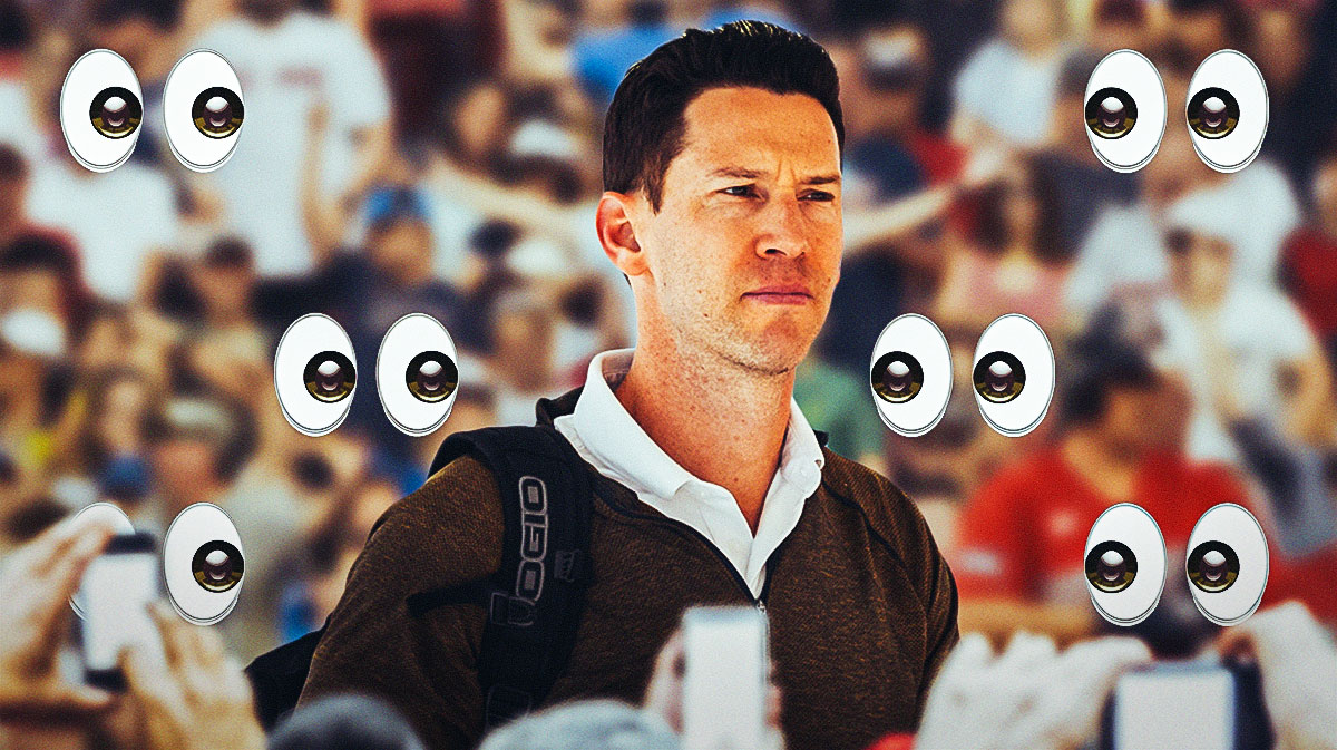 Craig Breslow on one side, a bunch of Boston Red Sox fans on the other side with the big eyes emoji around them